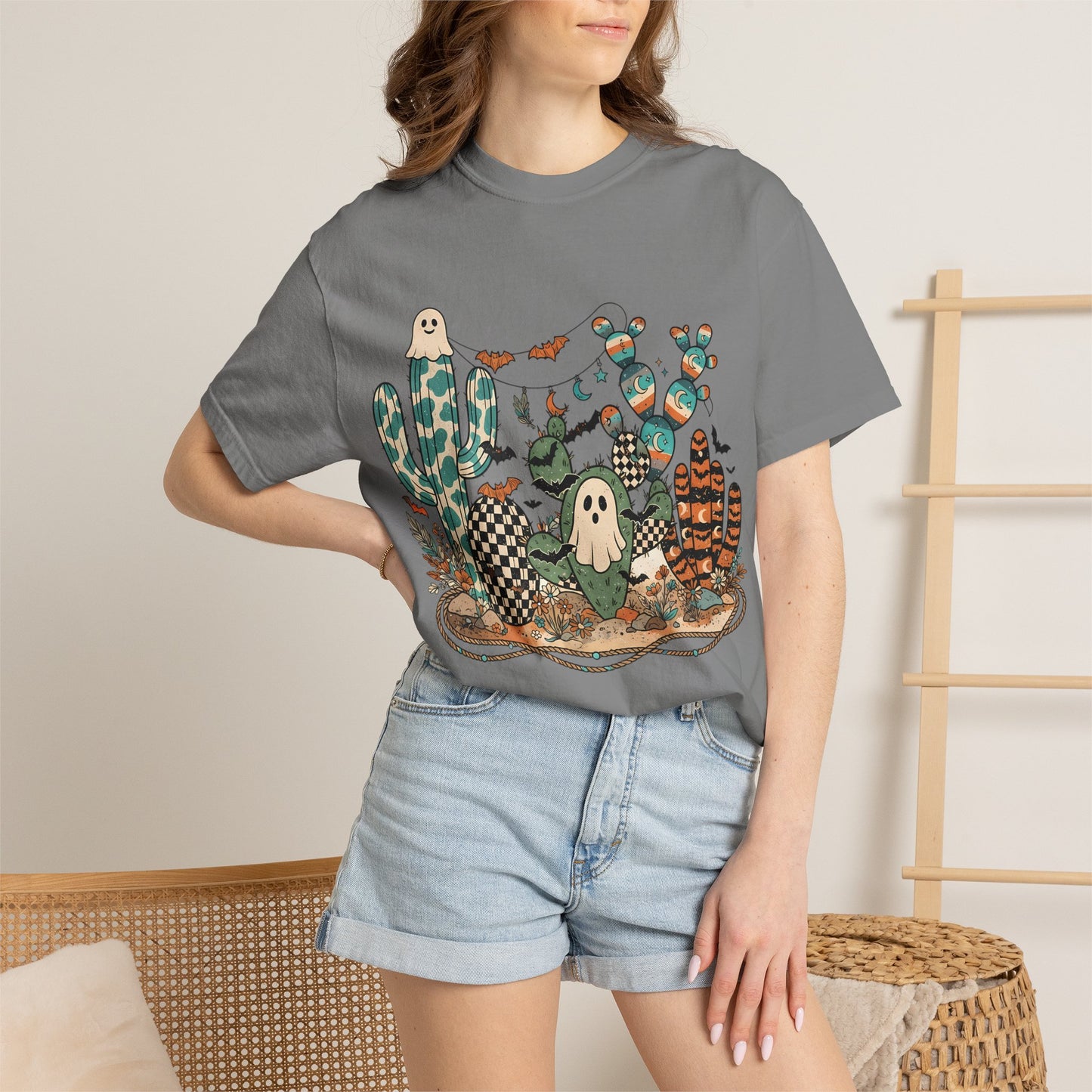 Cactus Patch Halloween T-Shirt — Whimsical Ghosts & Desert Succulents