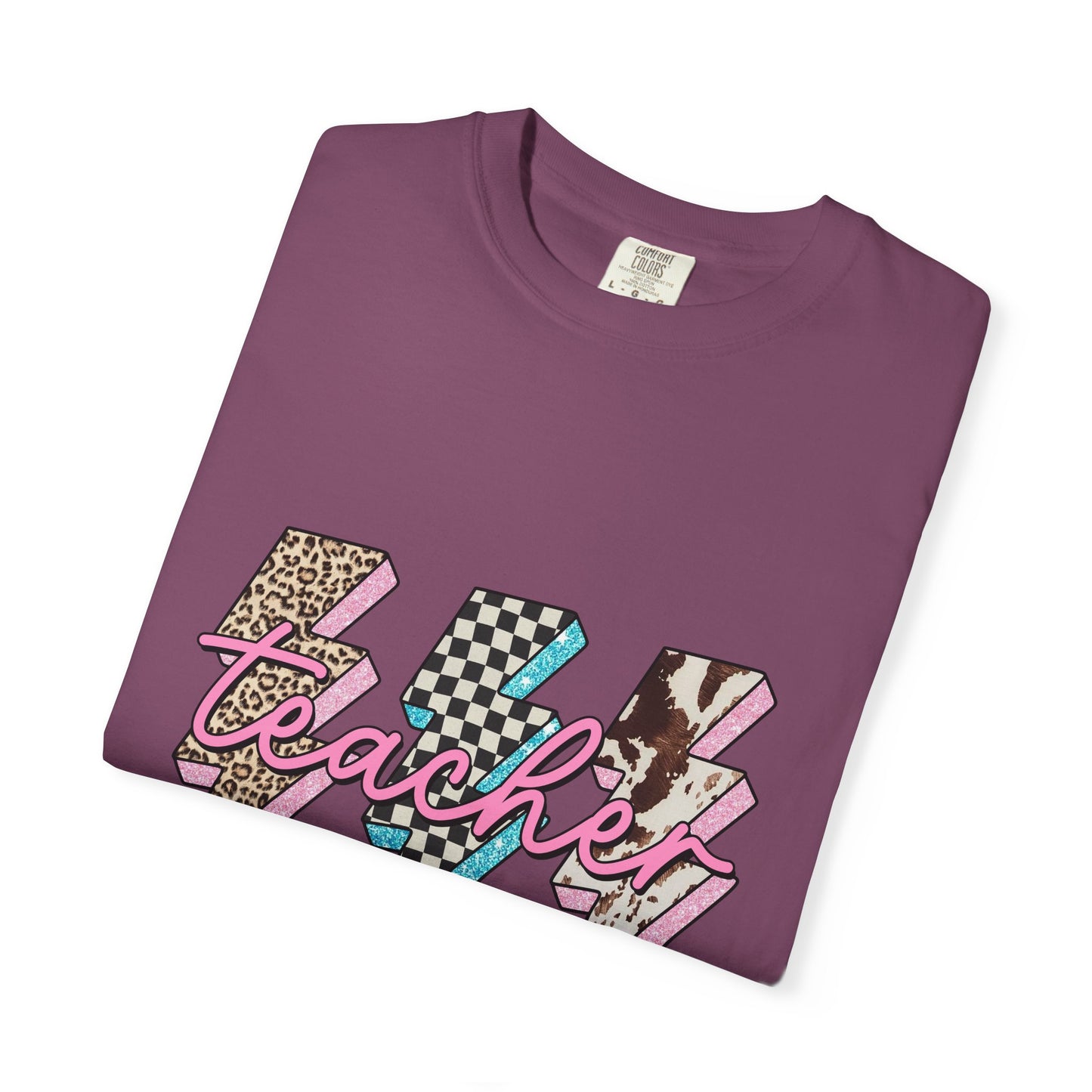 Teacher Lightning Bolt Graphic Tee — Retro Pink Patterned "Teacher" Design