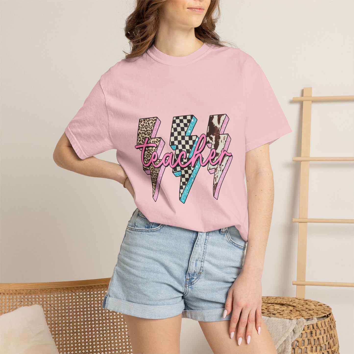 Teacher Lightning Bolt Graphic Tee — Retro Pink Patterned "Teacher" Design