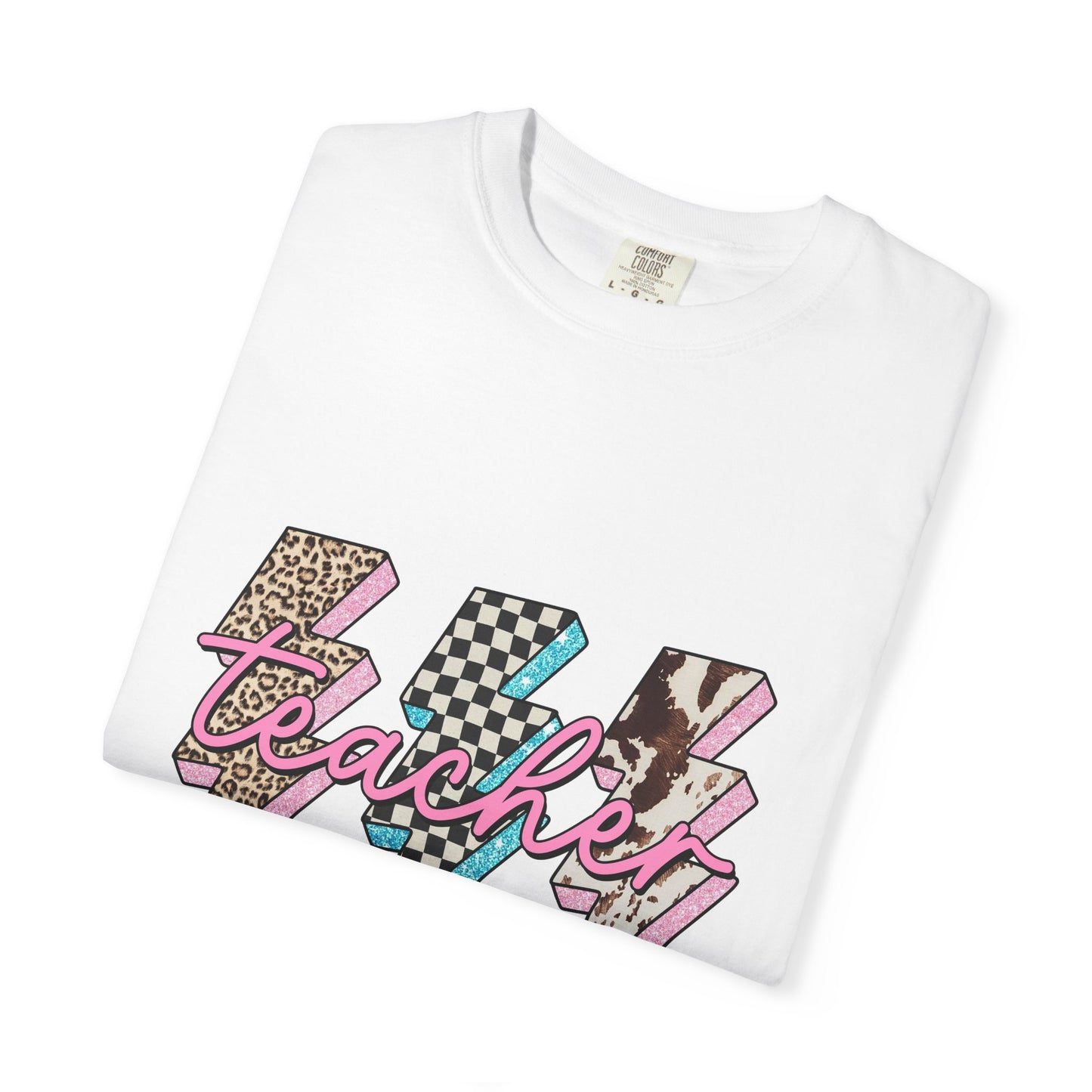 Teacher Lightning Bolt Graphic Tee — Retro Pink Patterned "Teacher" Design