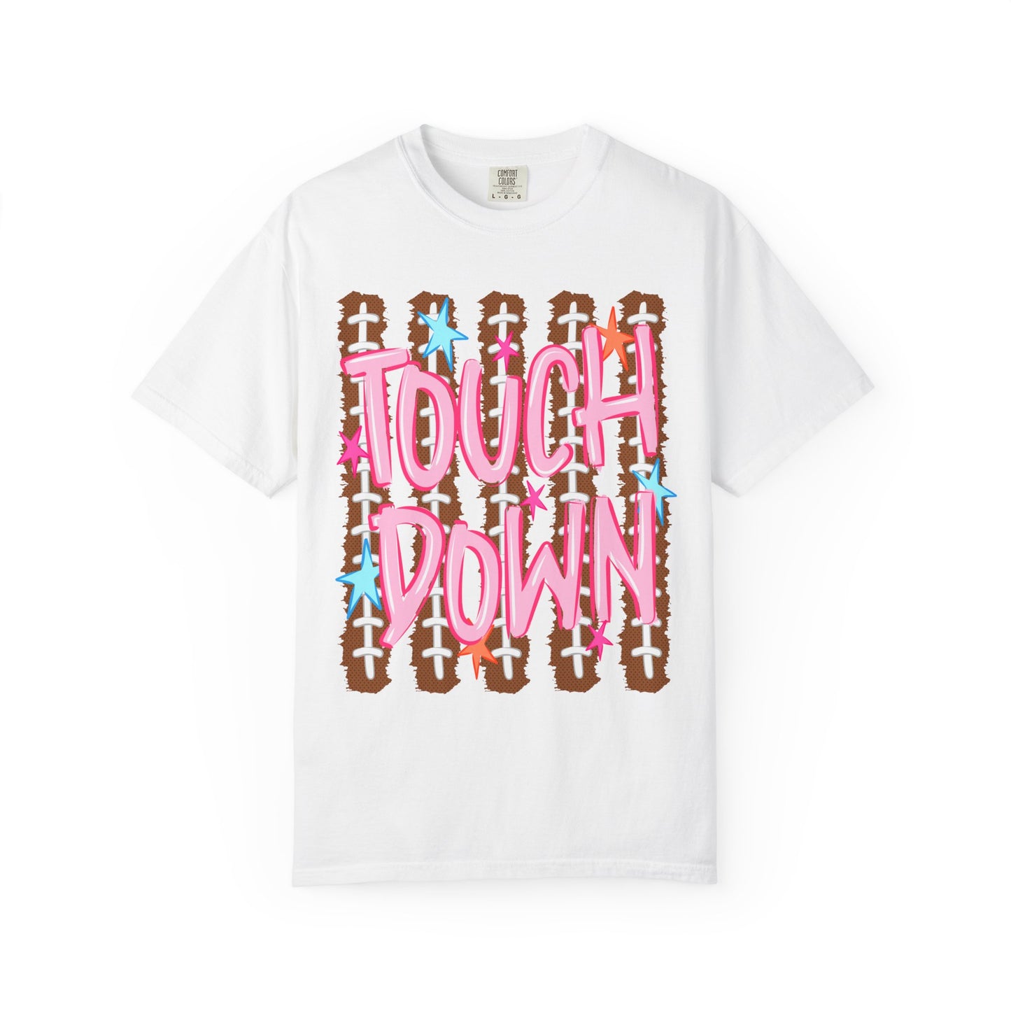 Touchdown Football Tee — Pink Script on Football Stitch Background