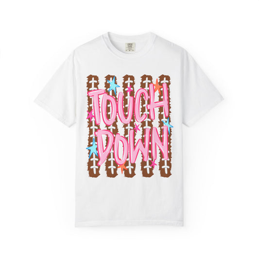 Touchdown Football Tee — Pink Script on Football Stitch Background