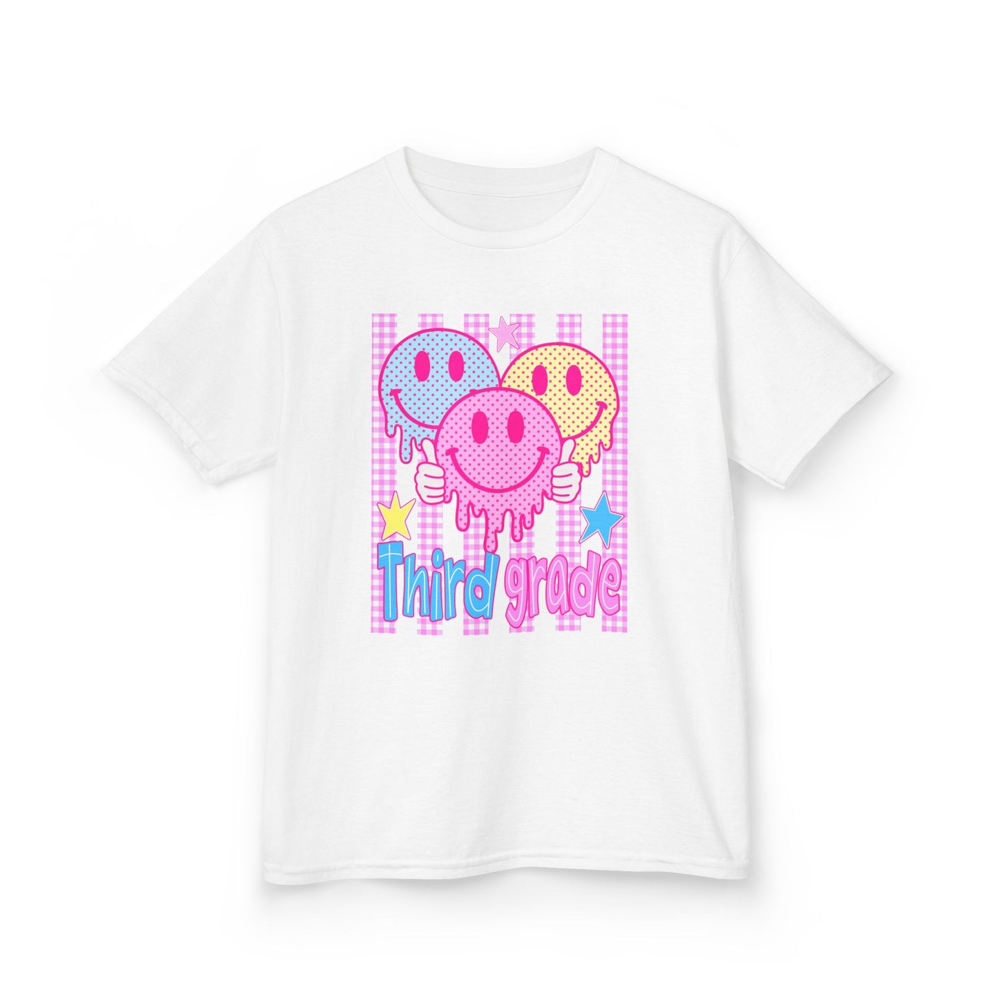 Third Grade Smiley Balloons Kids T‑Shirt — Cute Drippy Neon Design