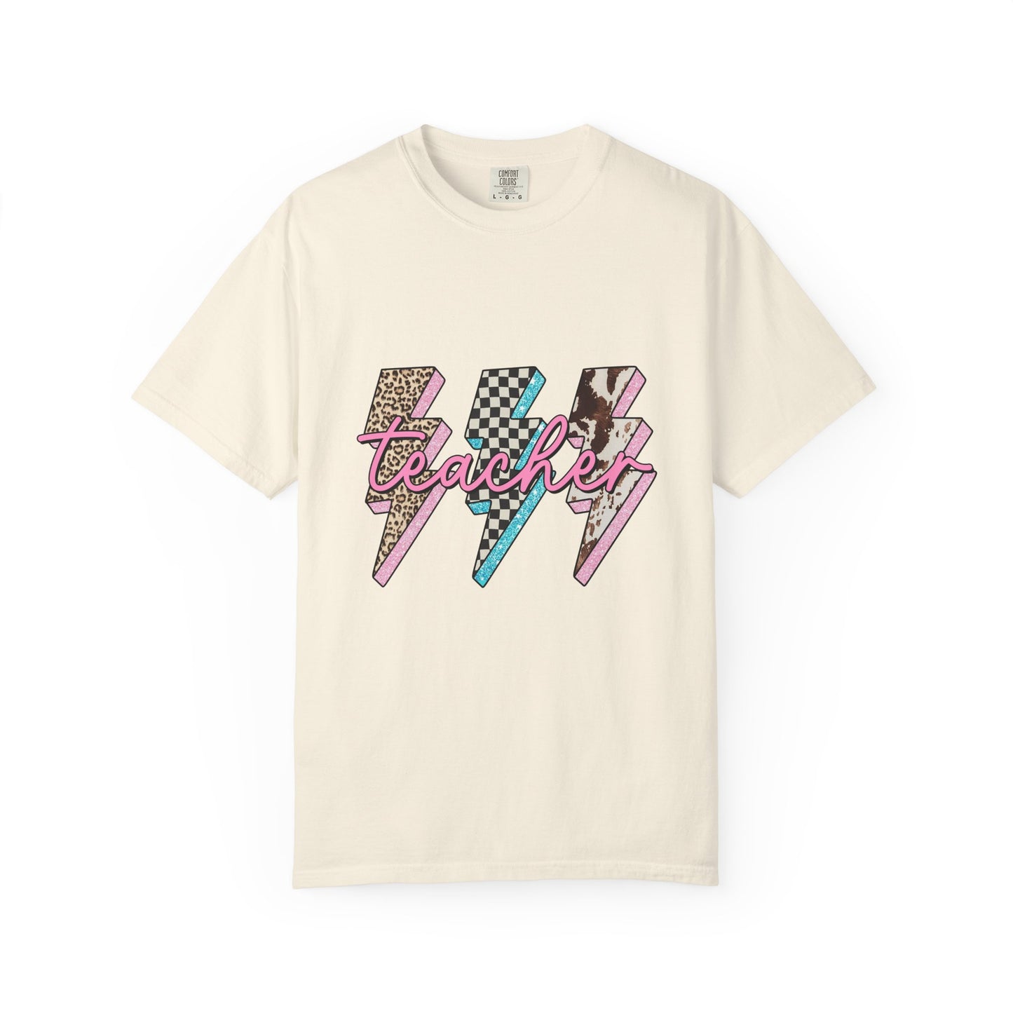 Teacher Lightning Bolt Graphic Tee — Retro Pink Patterned "Teacher" Design