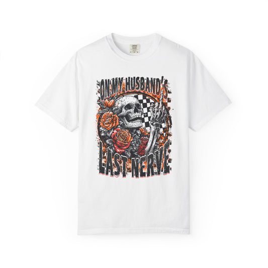 Easy Nerve T-Shirt — Skull, Roses & Racing Flag Graphic Tee
