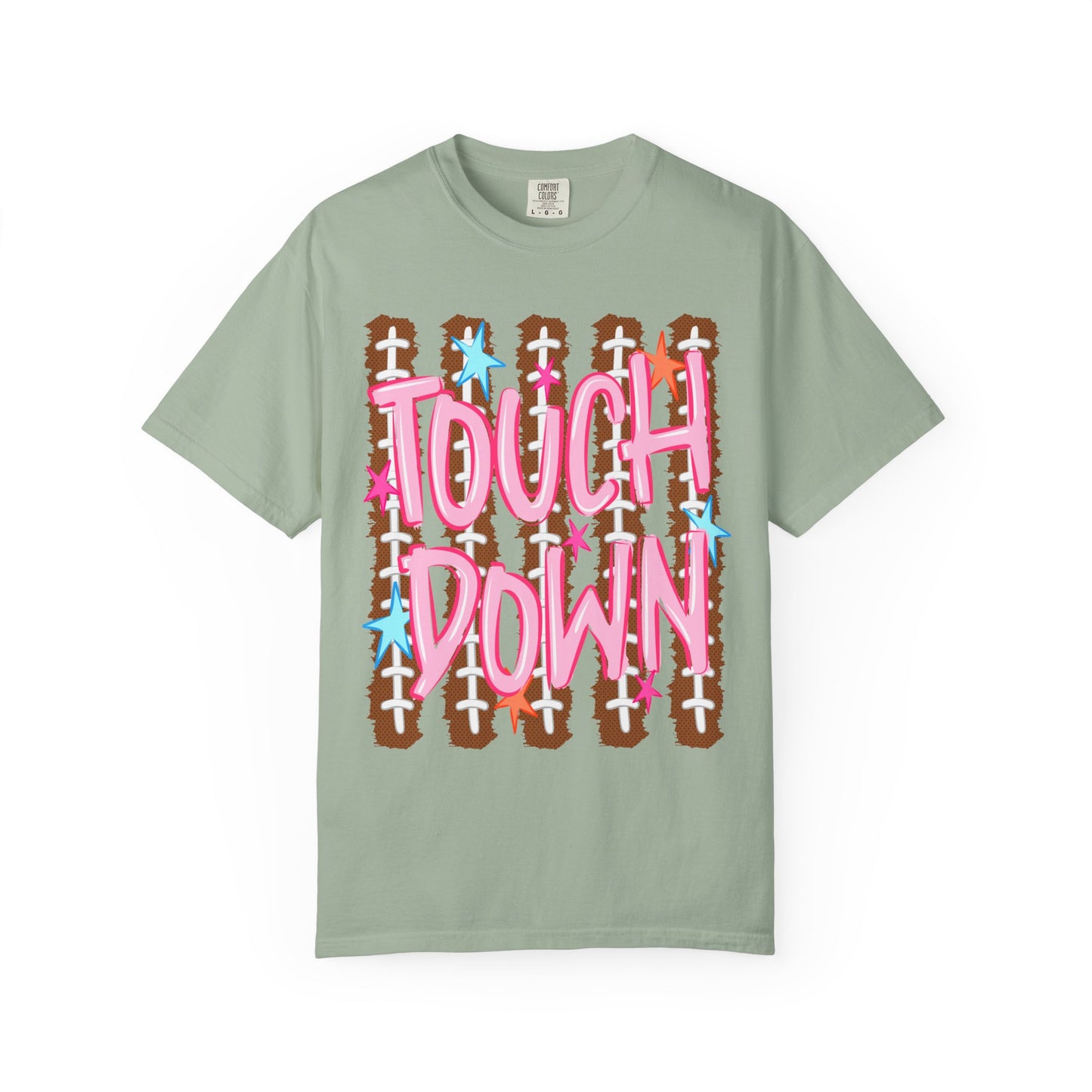Touchdown Football Tee — Pink Script on Football Stitch Background
