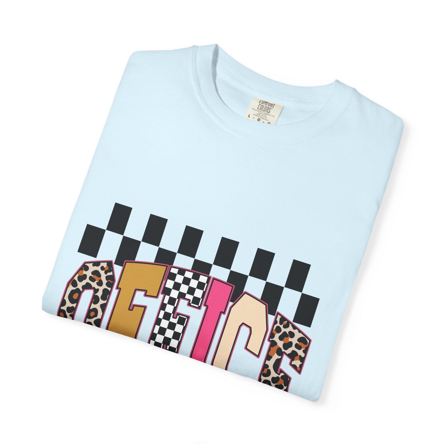 Office Checkerboard Graphic T-Shirt — Colorful Leopard & Retro Lettering