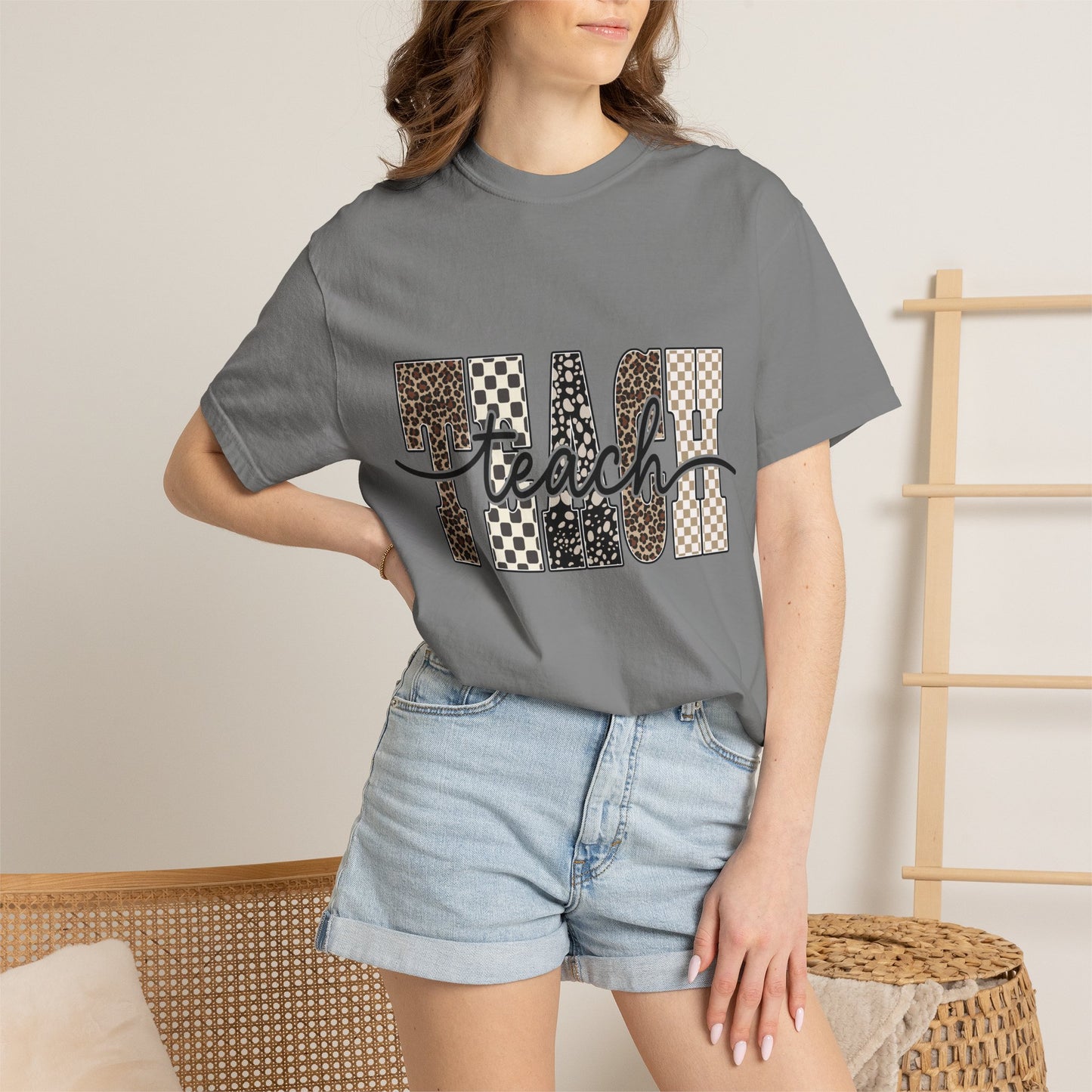 Teacher Graphic T-Shirt — Leopard & Checkerboard "Teach" Design