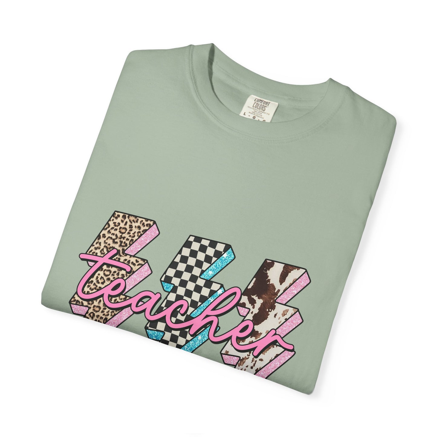 Teacher Lightning Bolt Graphic Tee — Retro Pink Patterned "Teacher" Design