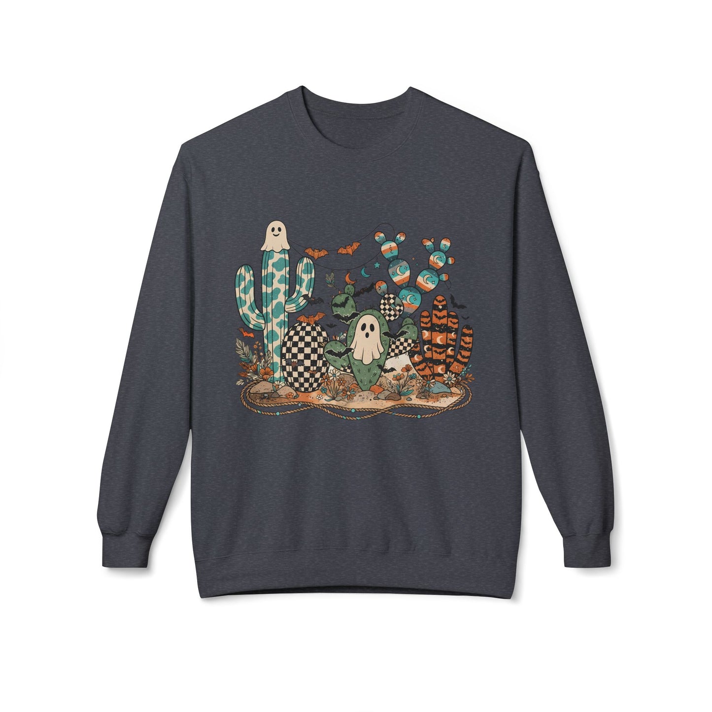 Halloween Cactus Crewneck Sweatshirt — Cute Ghosts & Desert Plants Graphic