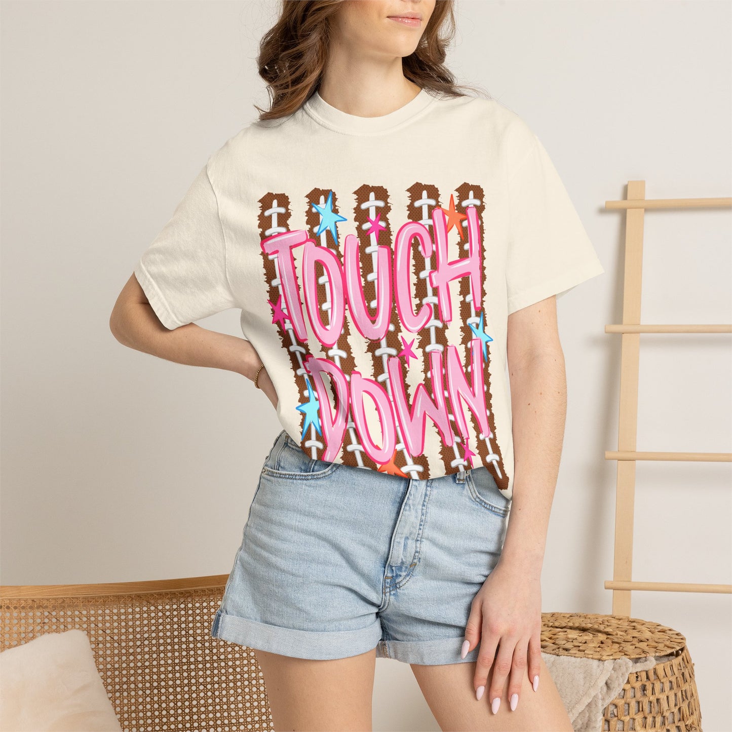 Touchdown Football Tee — Pink Script on Football Stitch Background