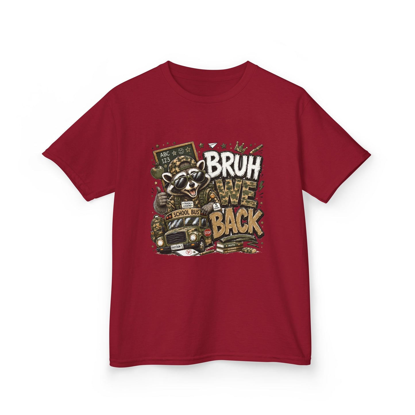 Kids Tee — "Bruh We Back" Cartoon Raccoon School Bus Graphic
