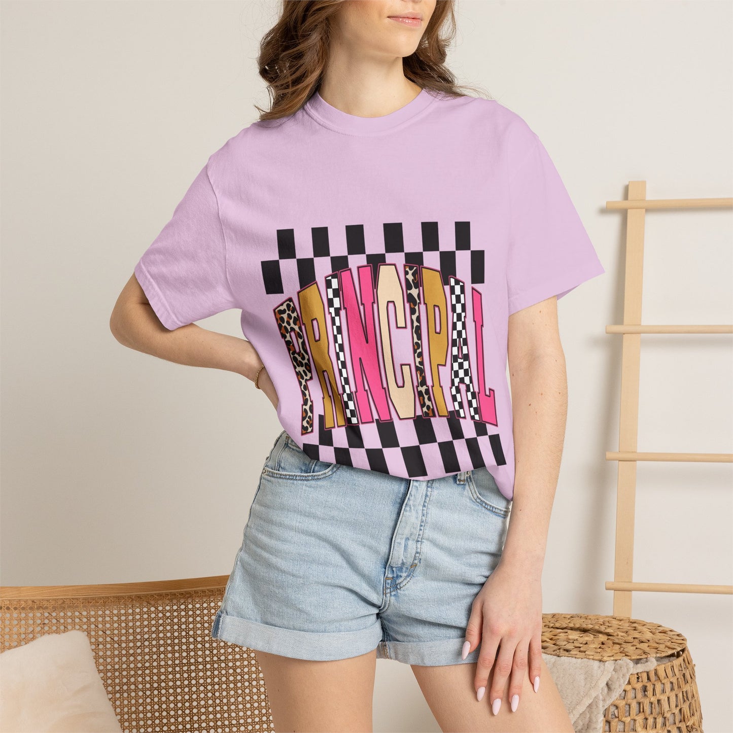 Principal Bow Stripe T‑Shirt — Cute Pink & Navy Teacher Tee