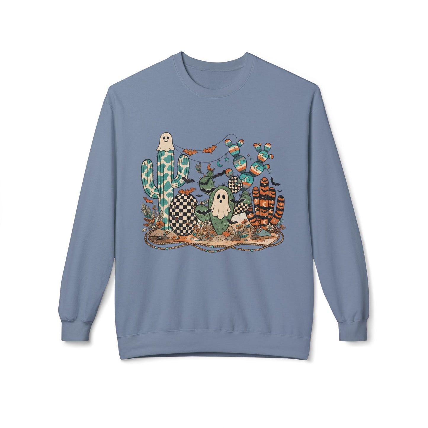 Halloween Cactus Crewneck Sweatshirt — Cute Ghosts & Desert Plants Graphic