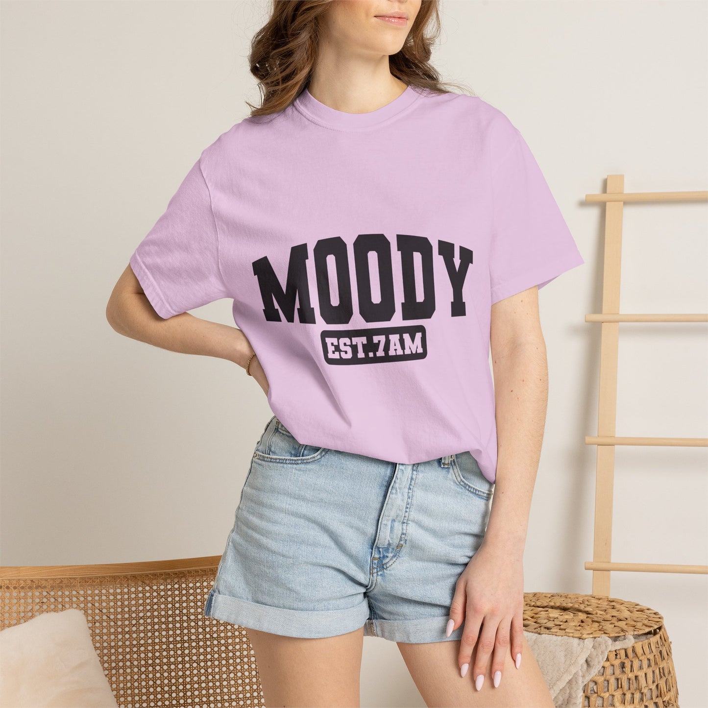Moody EST. 7AM T-Shirt — Casual Graphic Tee for Coffee Lovers & Night Owls