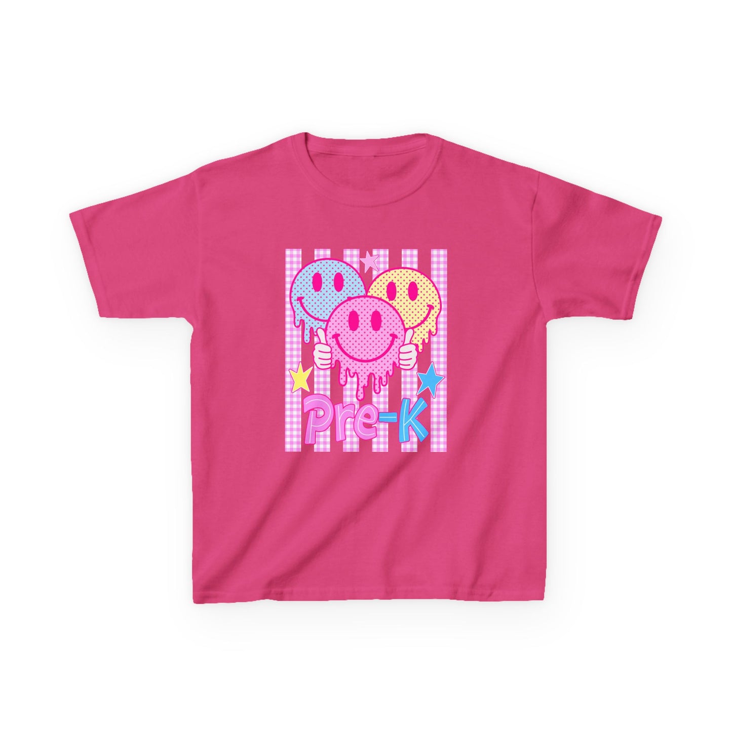 Pre-K Smiley Faces Kids T-Shirt — Cute Drip Neon Preschool Tee