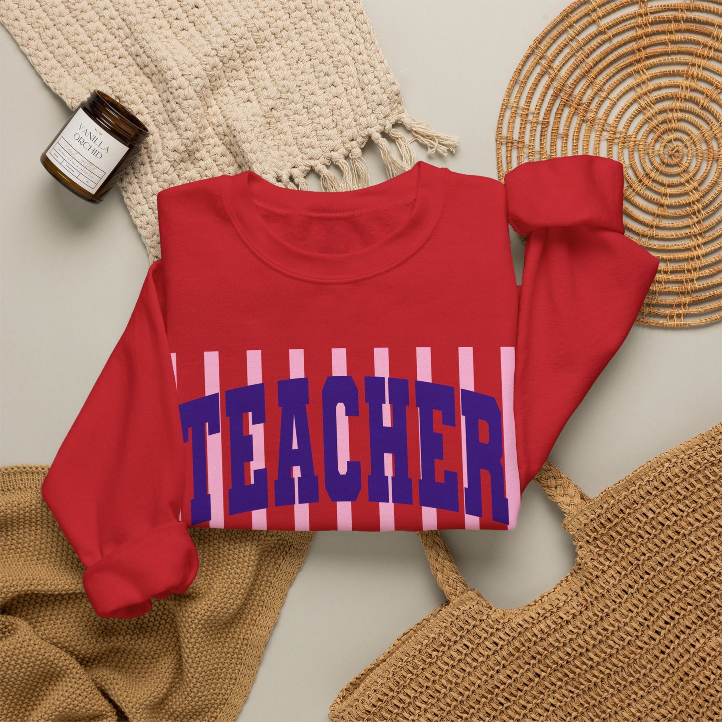 Teacher Crewneck Sweatshirt — Pink Stripes & Bow Design
