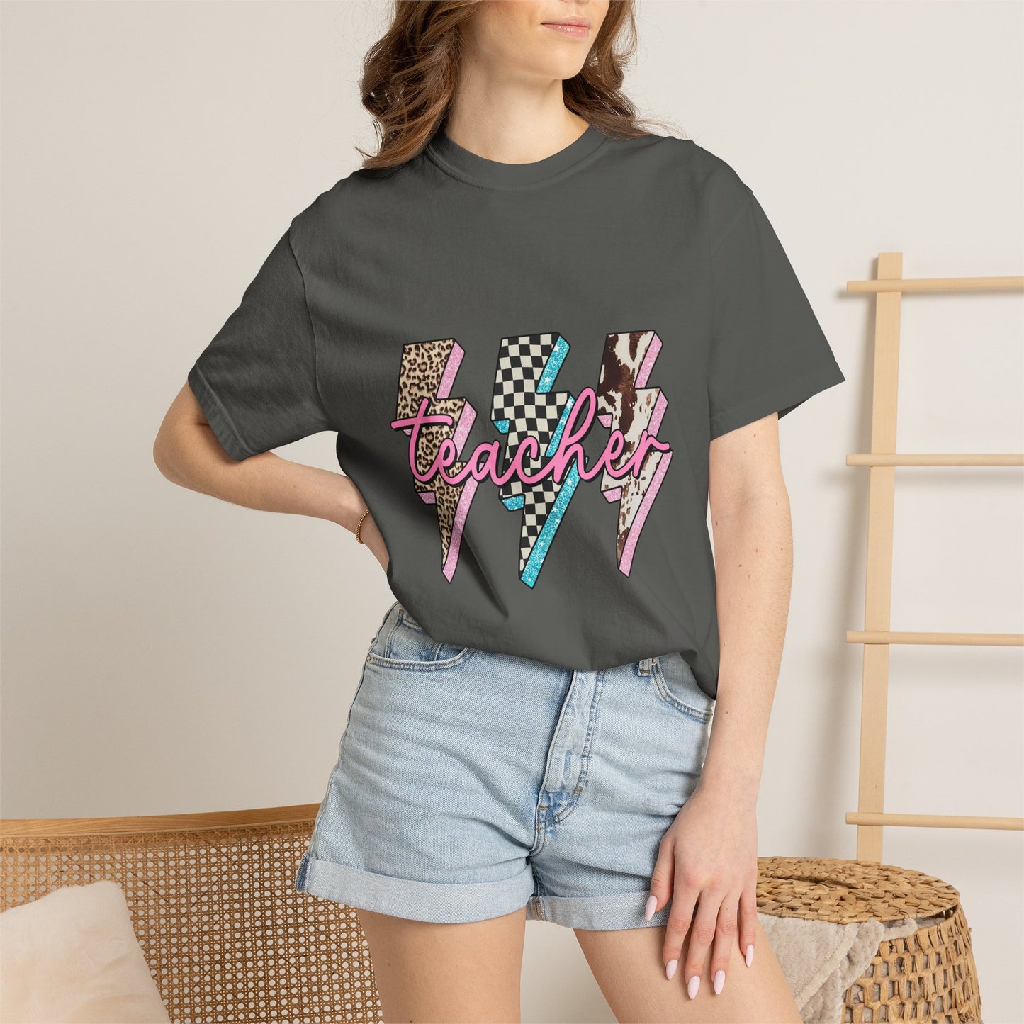 Teacher Lightning Bolt Graphic Tee — Retro Pink Patterned "Teacher" Design