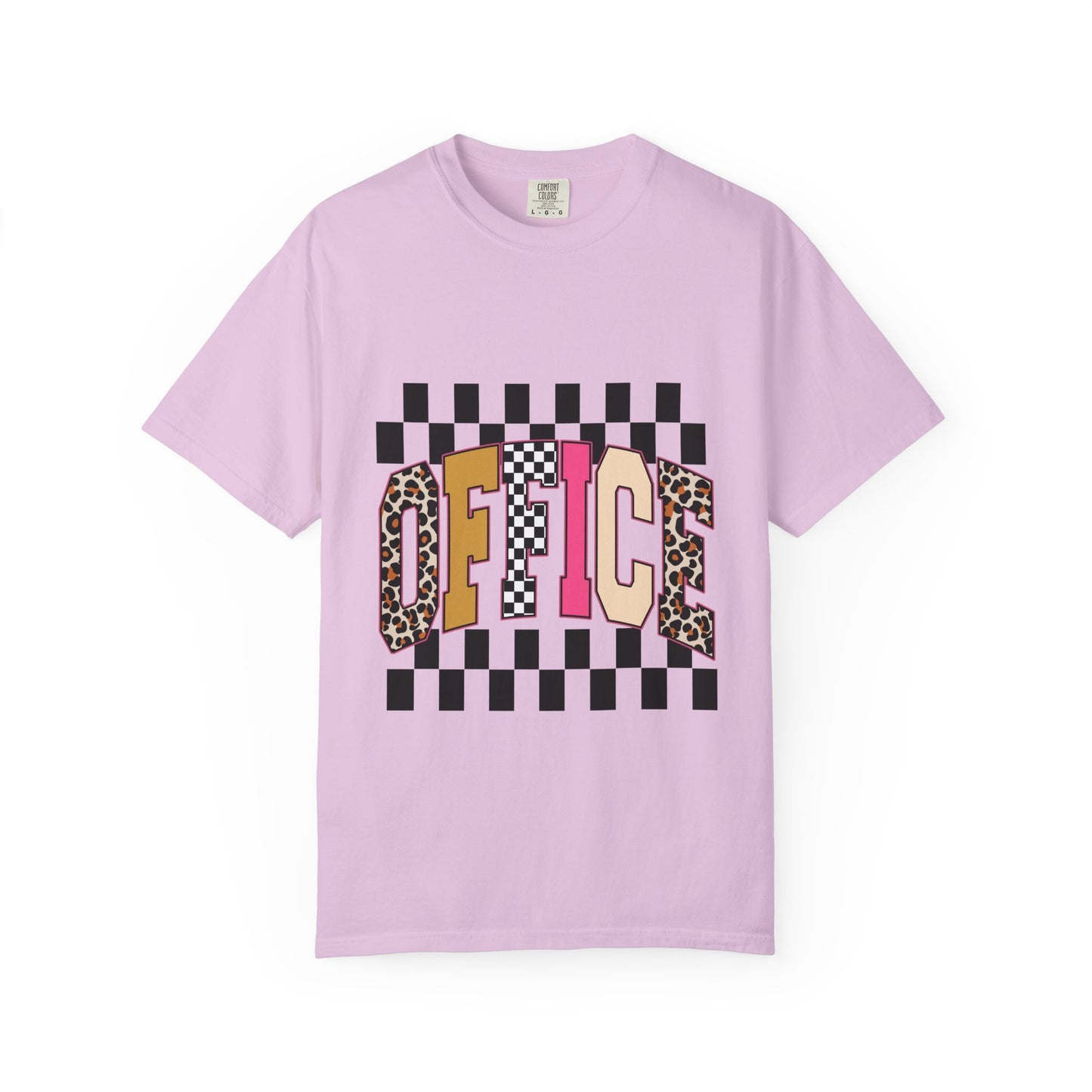 Office Checkerboard Graphic T-Shirt — Colorful Leopard & Retro Lettering