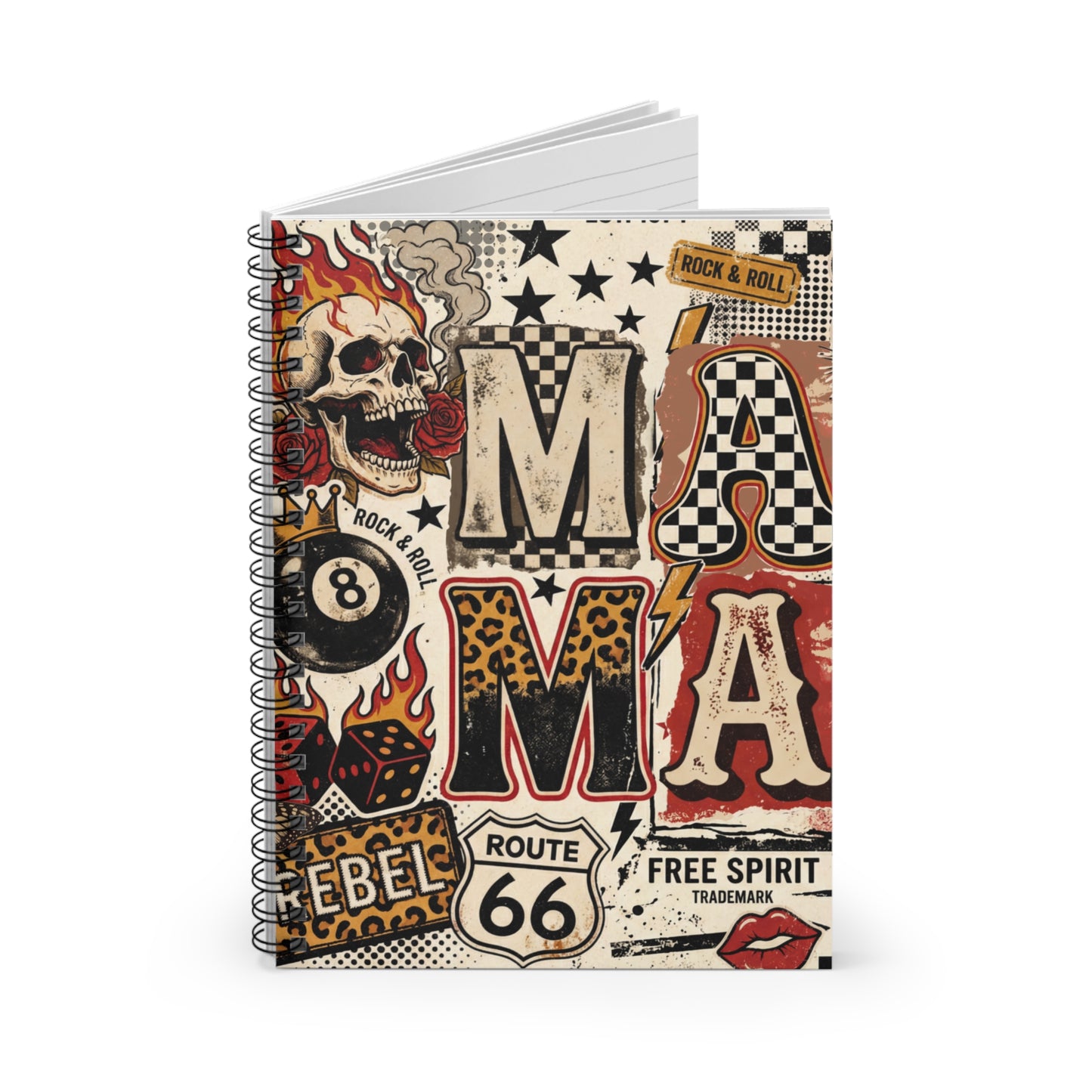 Rock & Rebel Spiral Notebook — Route 66 Skull Doodle Journal (Ruled)