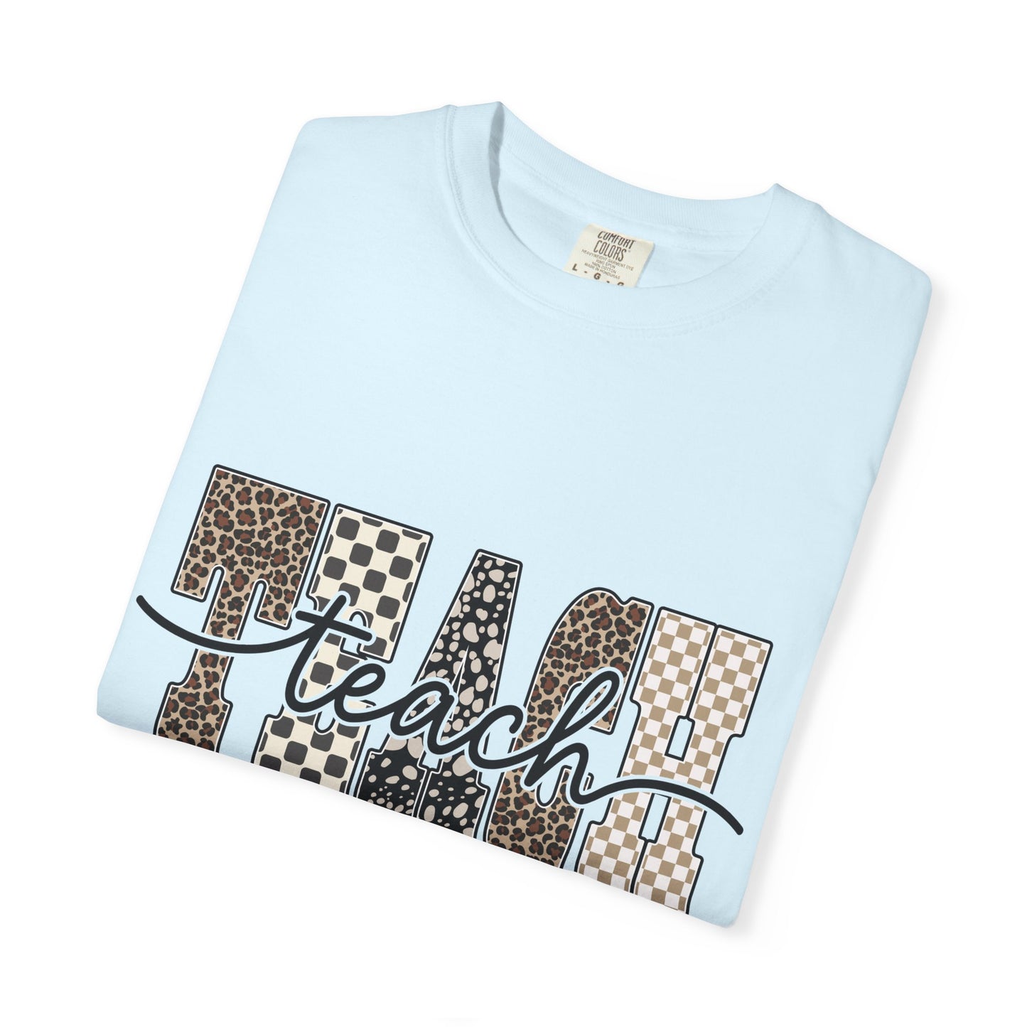 Teacher Graphic T-Shirt — Leopard & Checkerboard "Teach" Design