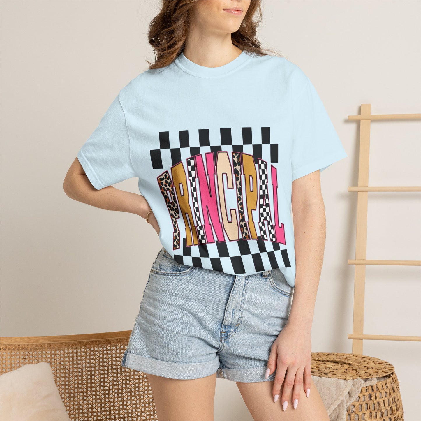 Principal Bow Stripe T‑Shirt — Cute Pink & Navy Teacher Tee