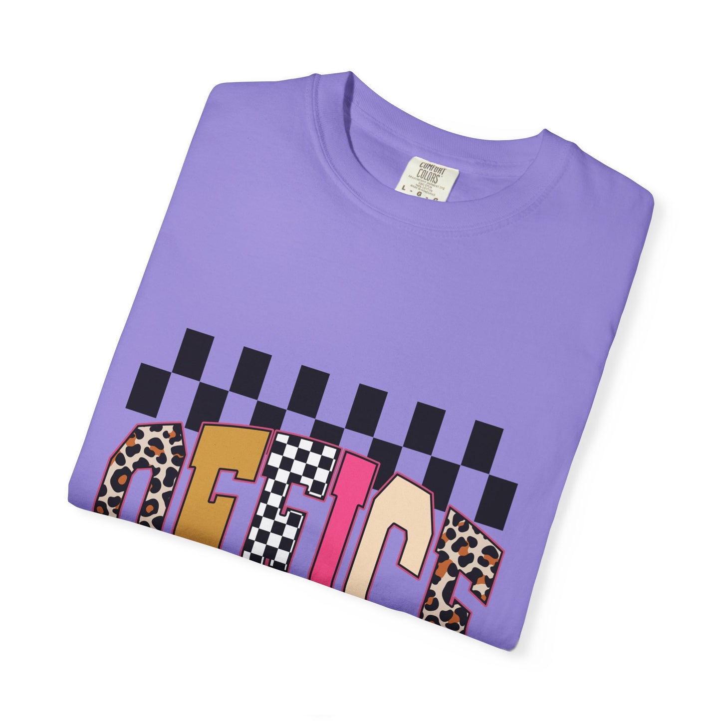 Office Checkerboard Graphic T-Shirt — Colorful Leopard & Retro Lettering
