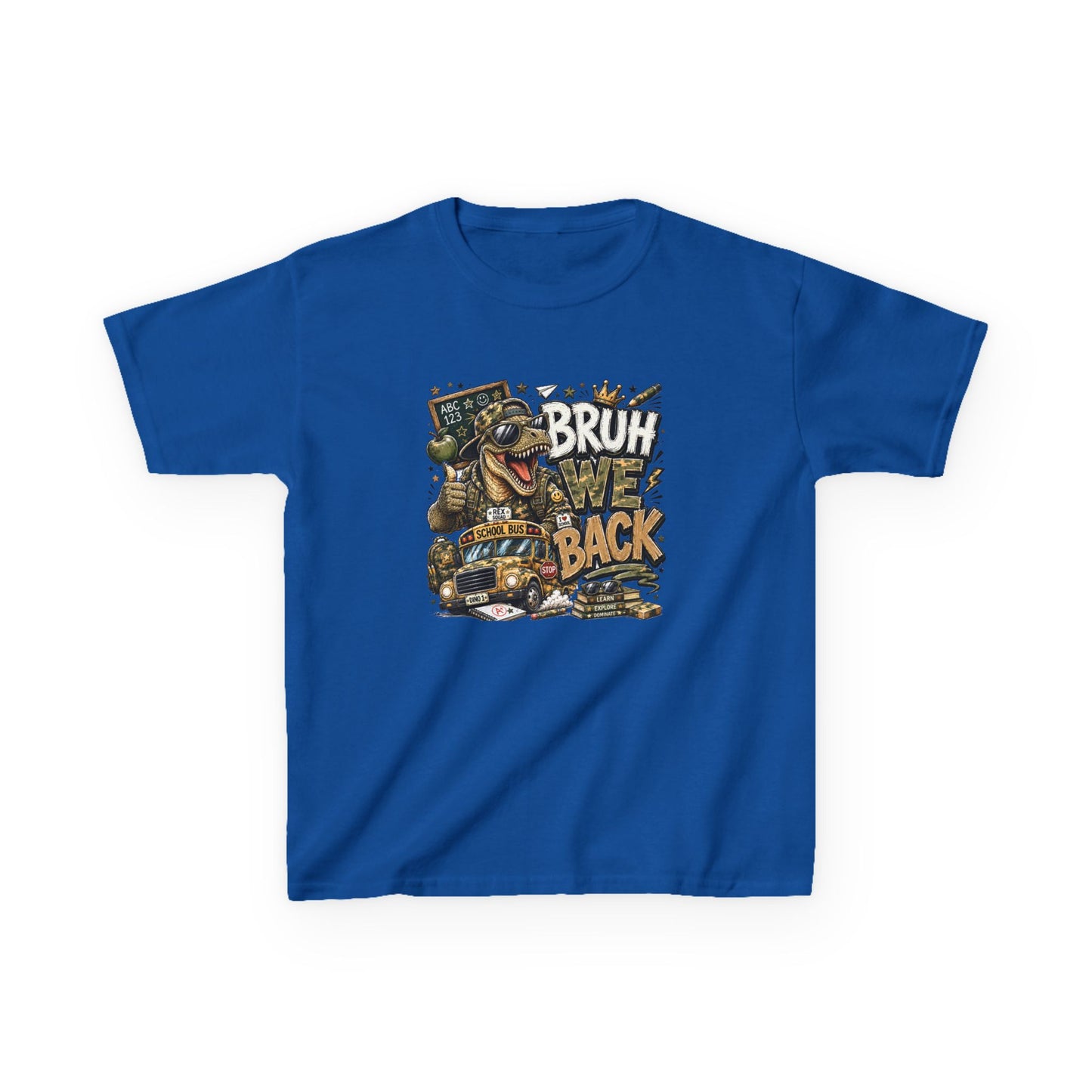 Kids Graphic Tee — "Bruh We Back" T- Rex Vintage Skate Dinosaur Crew Shirt