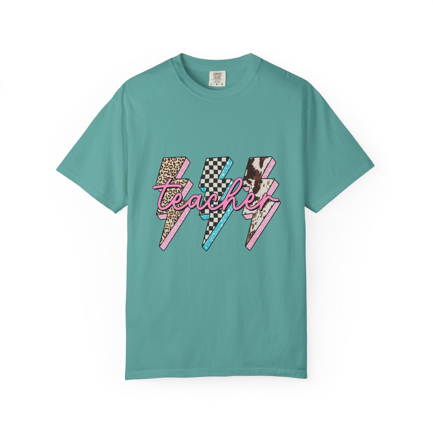 Teacher Lightning Bolt Graphic Tee — Retro Pink Patterned "Teacher" Design
