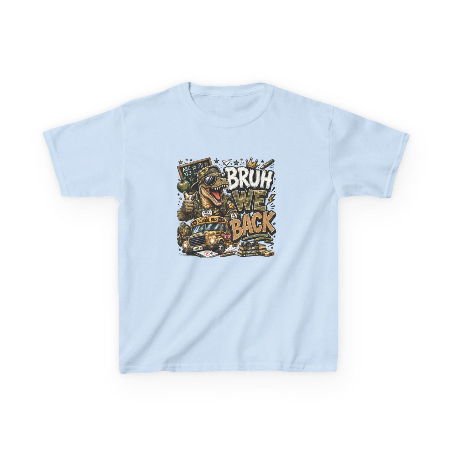 Kids Graphic Tee — "Bruh We Back" T- Rex Vintage Skate Dinosaur Crew Shirt