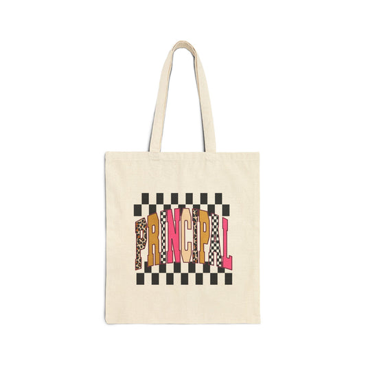 Principal Checkerboard Canvas Tote Bag — Bold Leopard & Pink Lettering