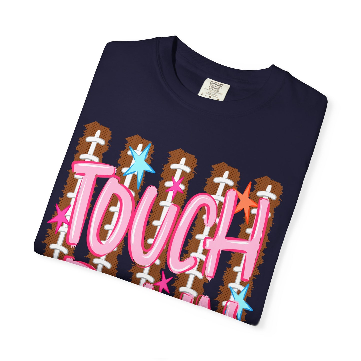 Touchdown Football Tee — Pink Script on Football Stitch Background