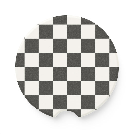 Checkerboard Soapstone Car Coaster — Black & White Racing Grid Car Cup Holder Insert
