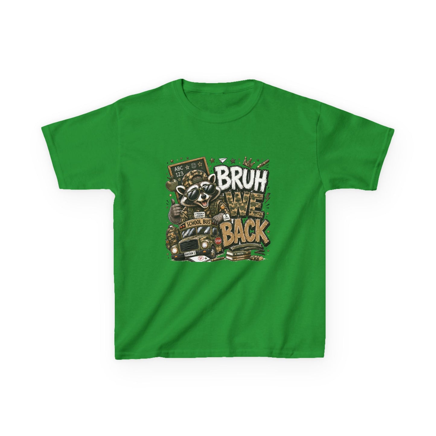 Kids Tee — "Bruh We Back" Cartoon Raccoon School Bus Graphic