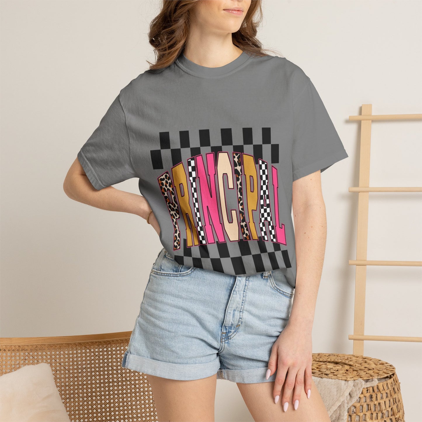 Principal Bow Stripe T‑Shirt — Cute Pink & Navy Teacher Tee