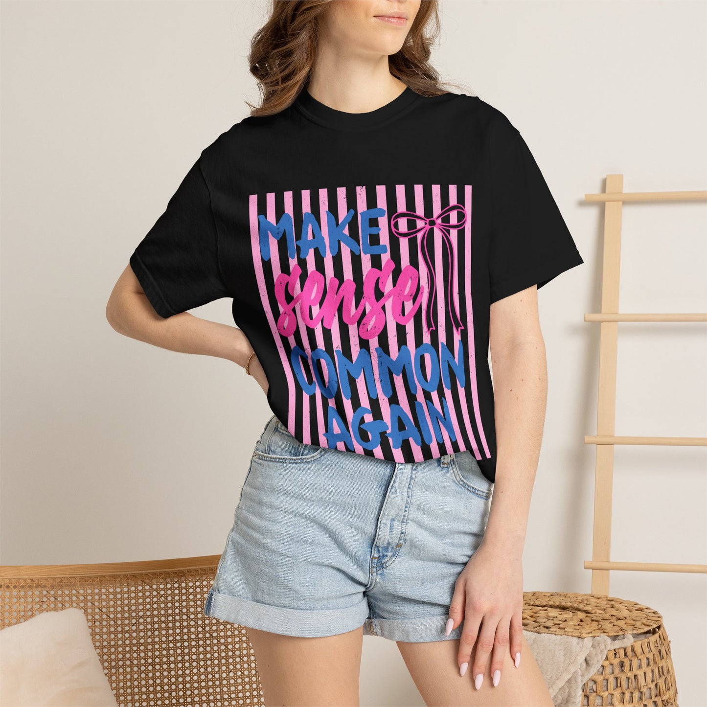 Make Sense Common Again T-Shirt — Feminine Pink Stripe Graphic Tee