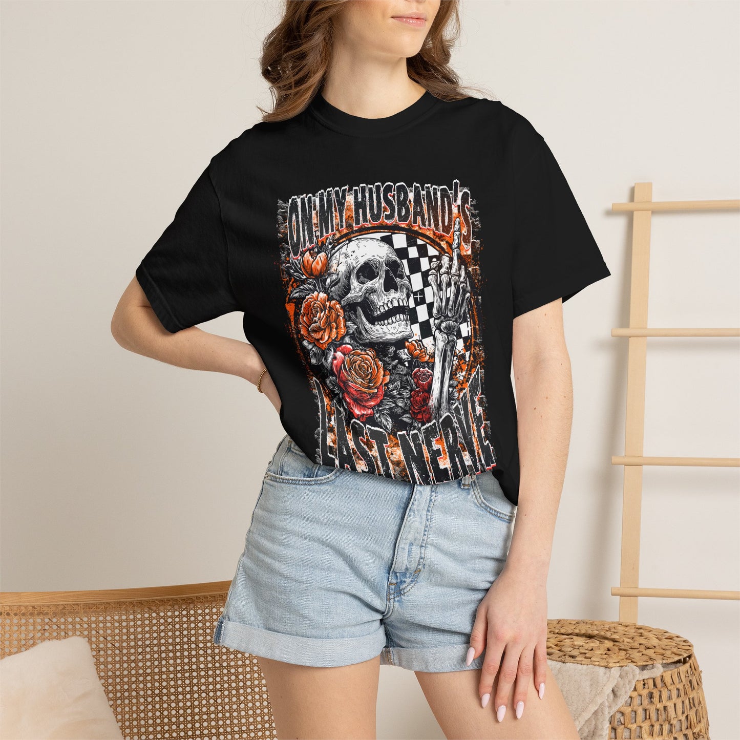Easy Nerve T-Shirt — Skull, Roses & Racing Flag Graphic Tee