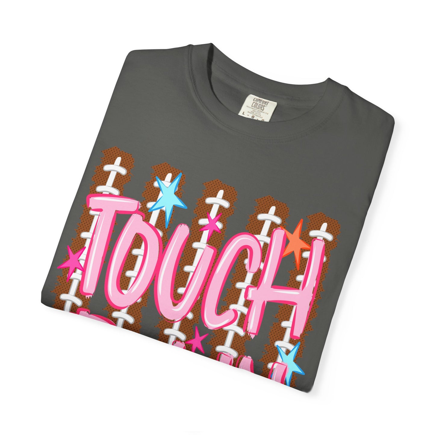 Touchdown Football Tee — Pink Script on Football Stitch Background