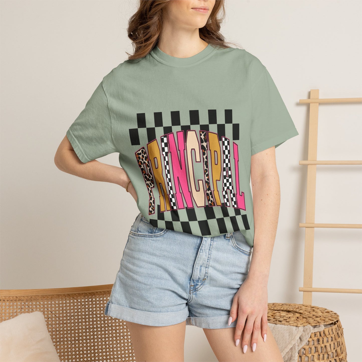 Principal Bow Stripe T‑Shirt — Cute Pink & Navy Teacher Tee