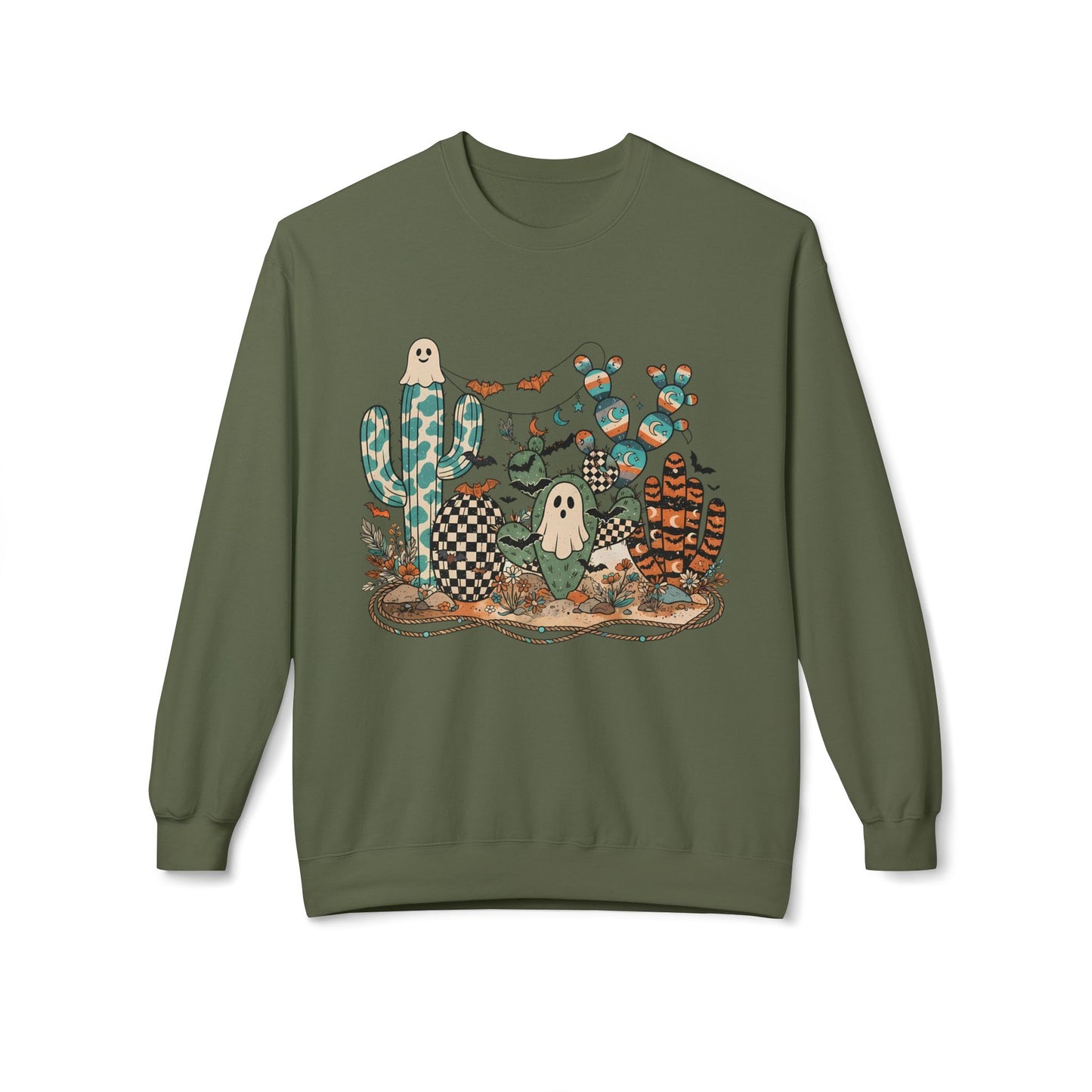 Halloween Cactus Crewneck Sweatshirt — Cute Ghosts & Desert Plants Graphic