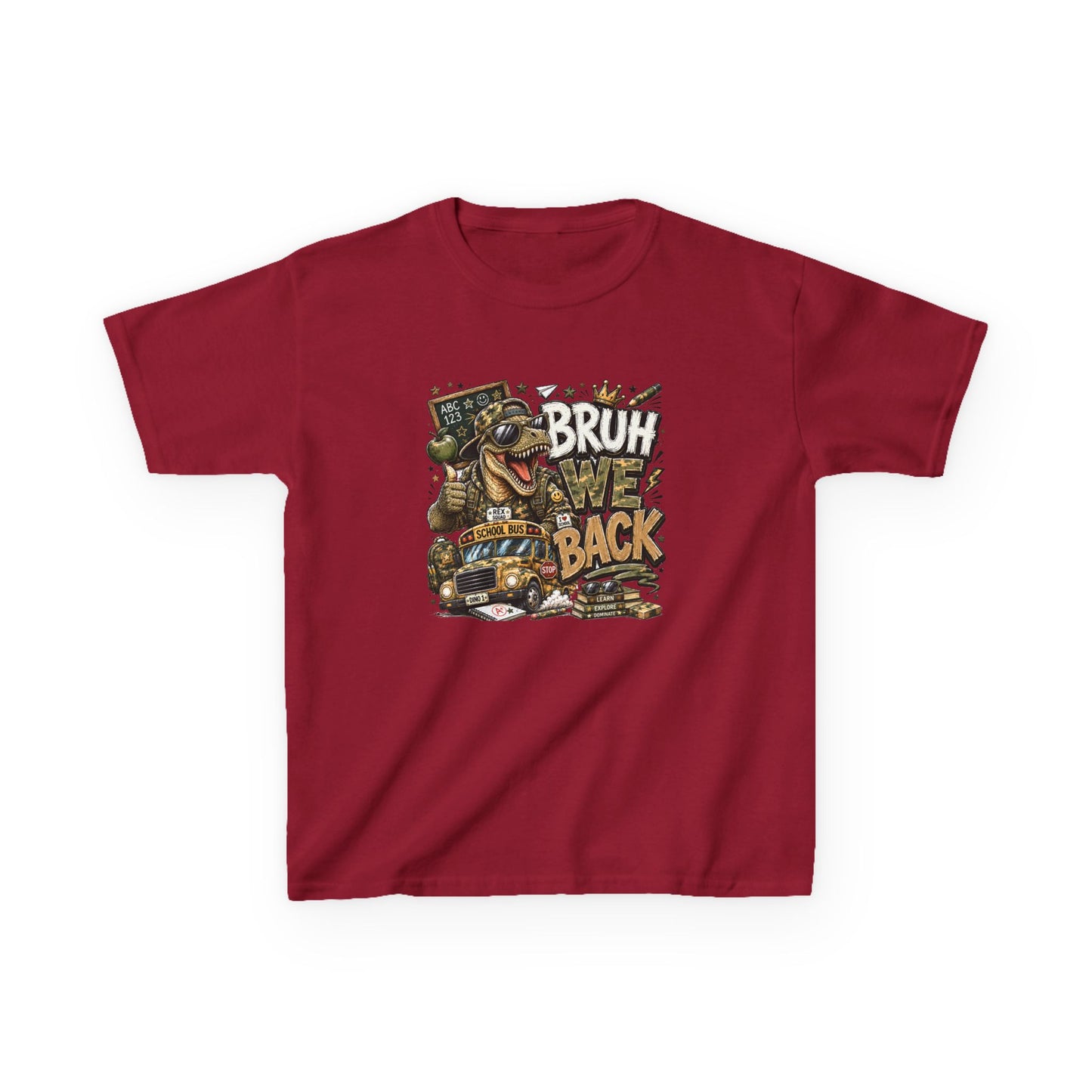 Kids Graphic Tee — "Bruh We Back" T- Rex Vintage Skate Dinosaur Crew Shirt
