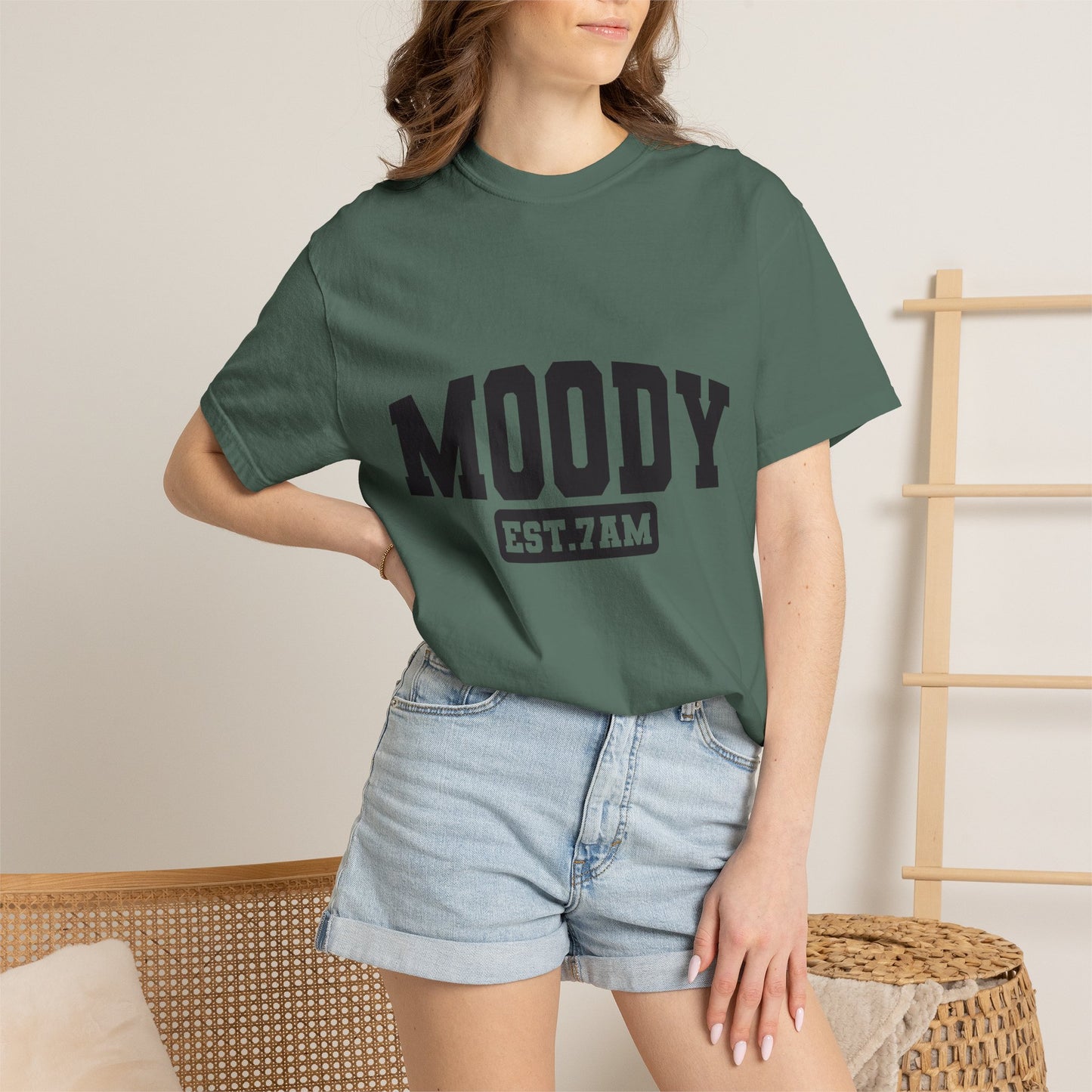 Moody EST. 7AM T-Shirt — Casual Graphic Tee for Coffee Lovers & Night Owls