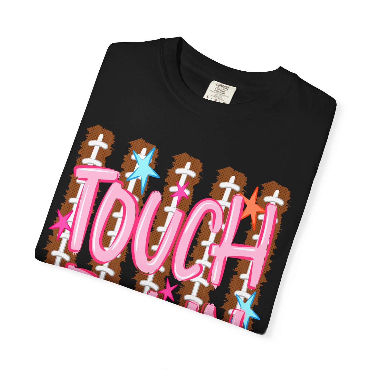 Touchdown Football Tee — Pink Script on Football Stitch Background