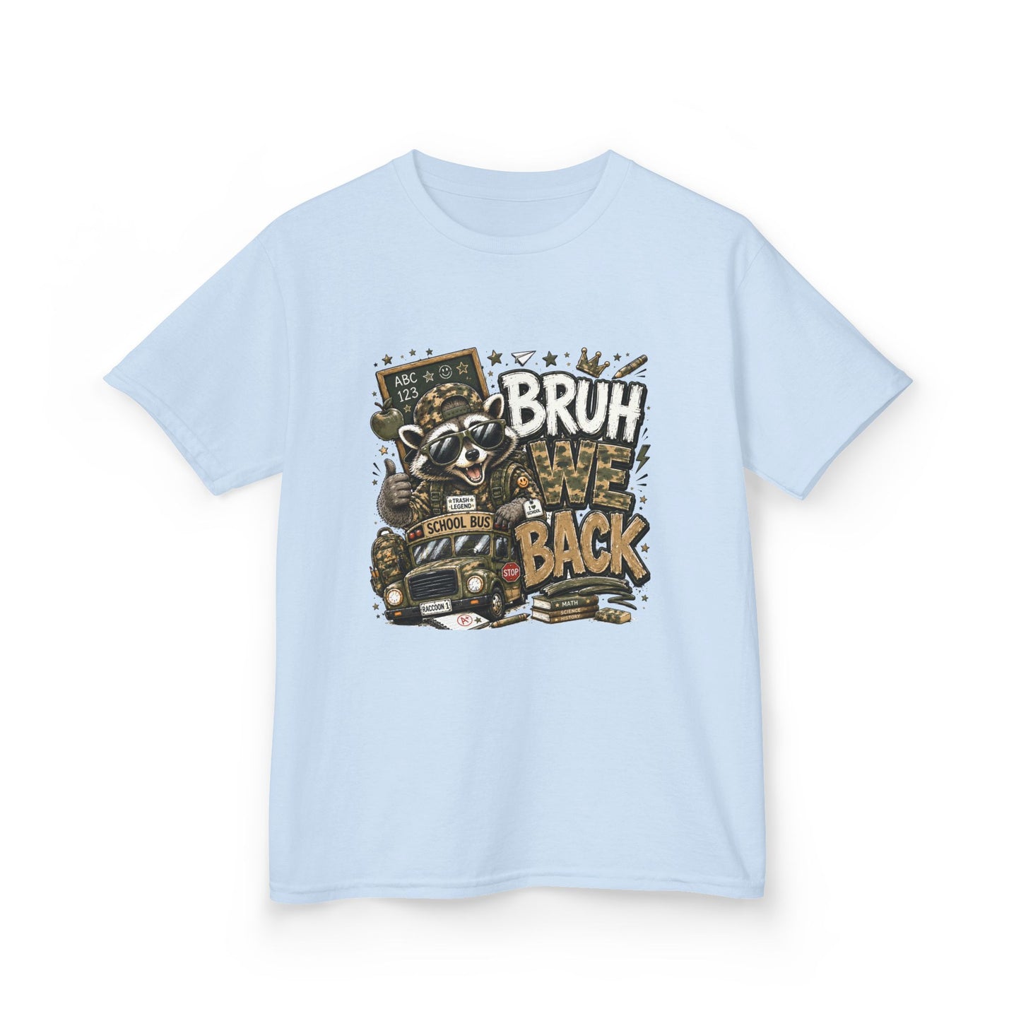 Kids Tee — "Bruh We Back" Cartoon Raccoon School Bus Graphic