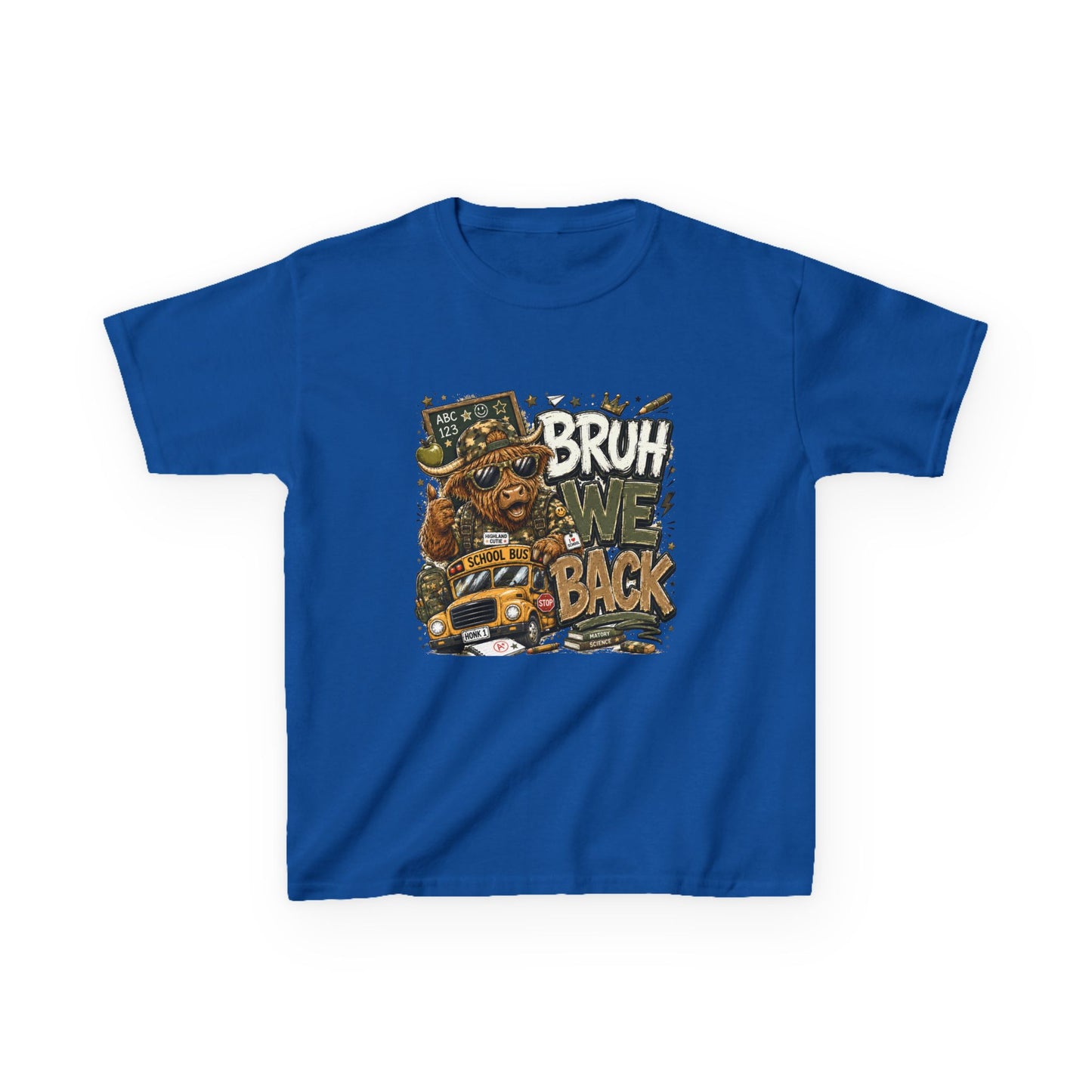 Kids Tee — 'Bruh We Back' Highland Cow Graphic