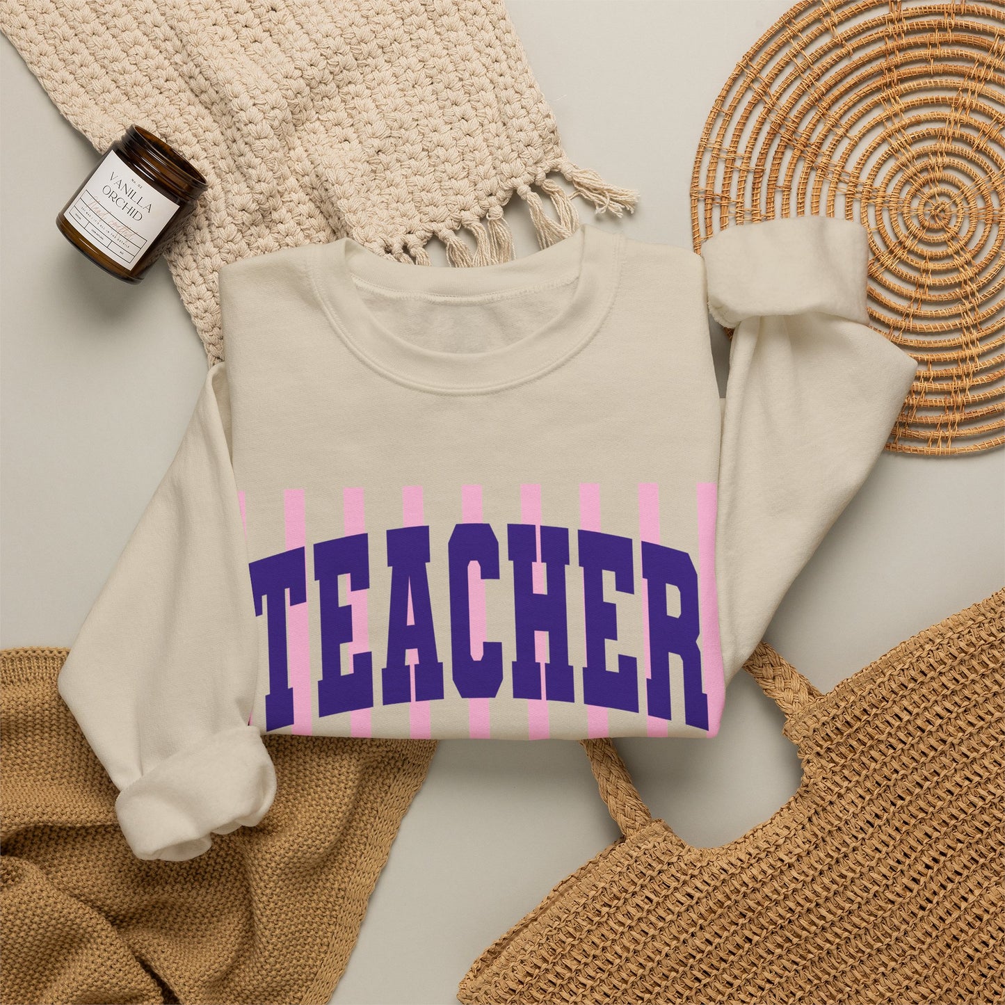 Teacher Crewneck Sweatshirt — Pink Stripes & Bow Design