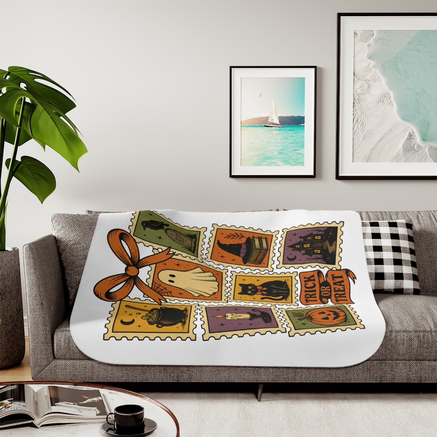 Halloween Stamp Sherpa Blanket – Trick or Treat Cozy Throw