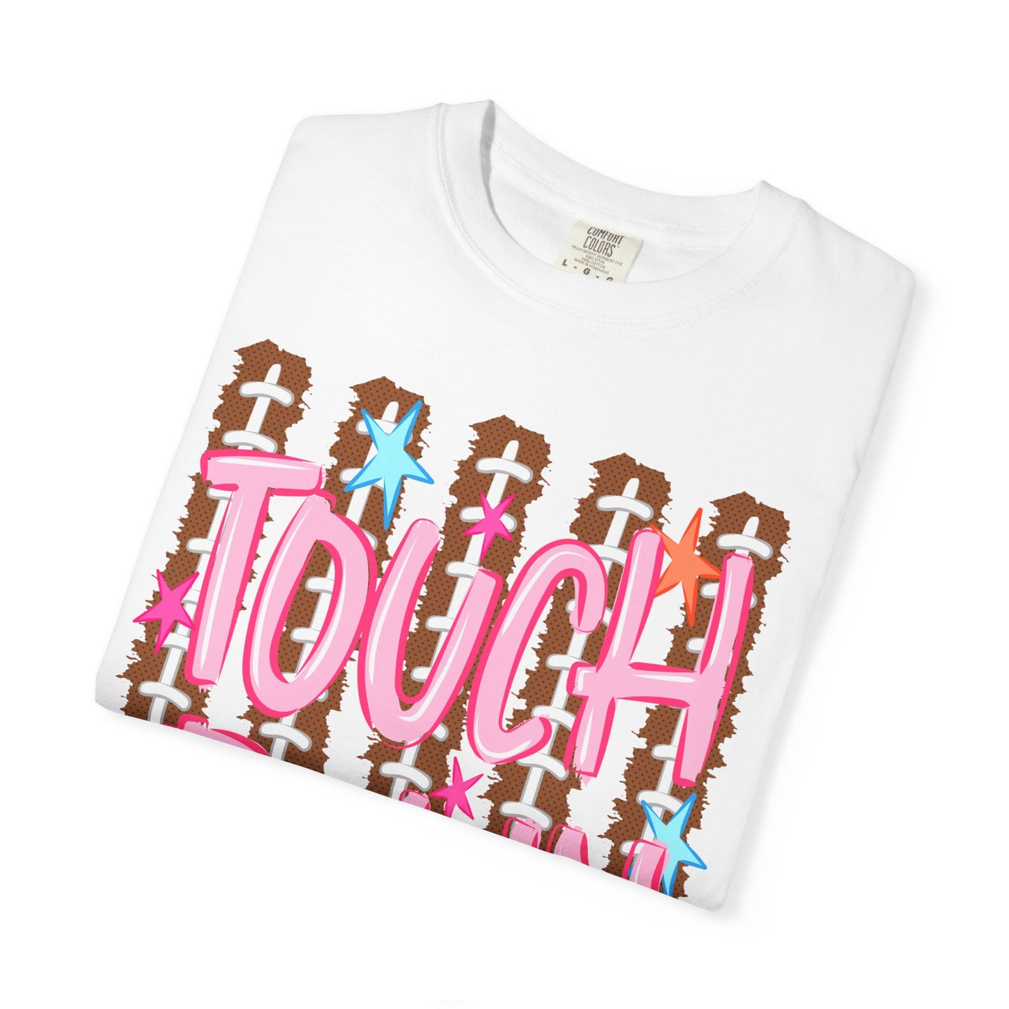 Touchdown Football Tee — Pink Script on Football Stitch Background