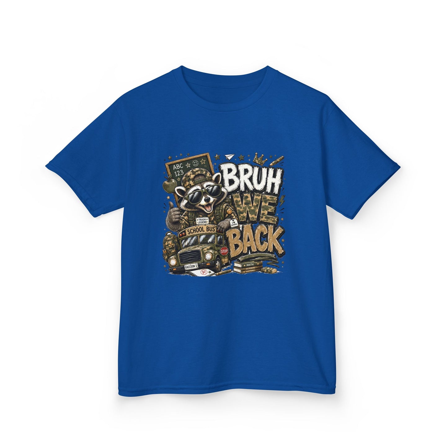Kids Tee — "Bruh We Back" Cartoon Raccoon School Bus Graphic