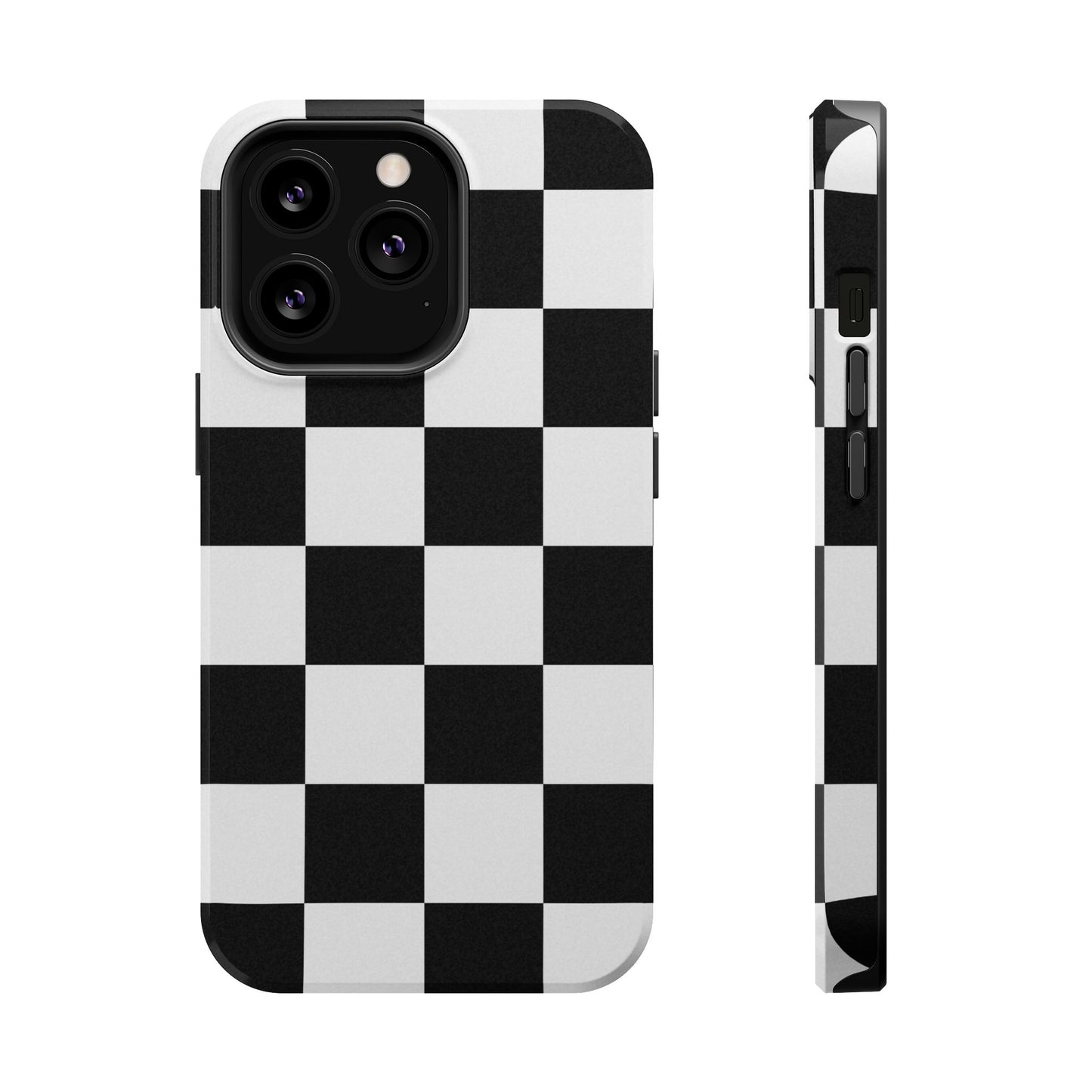 Black & White Checkered Magnetic Impact Phone Case — Shockproof, Wireless Charging Compatible